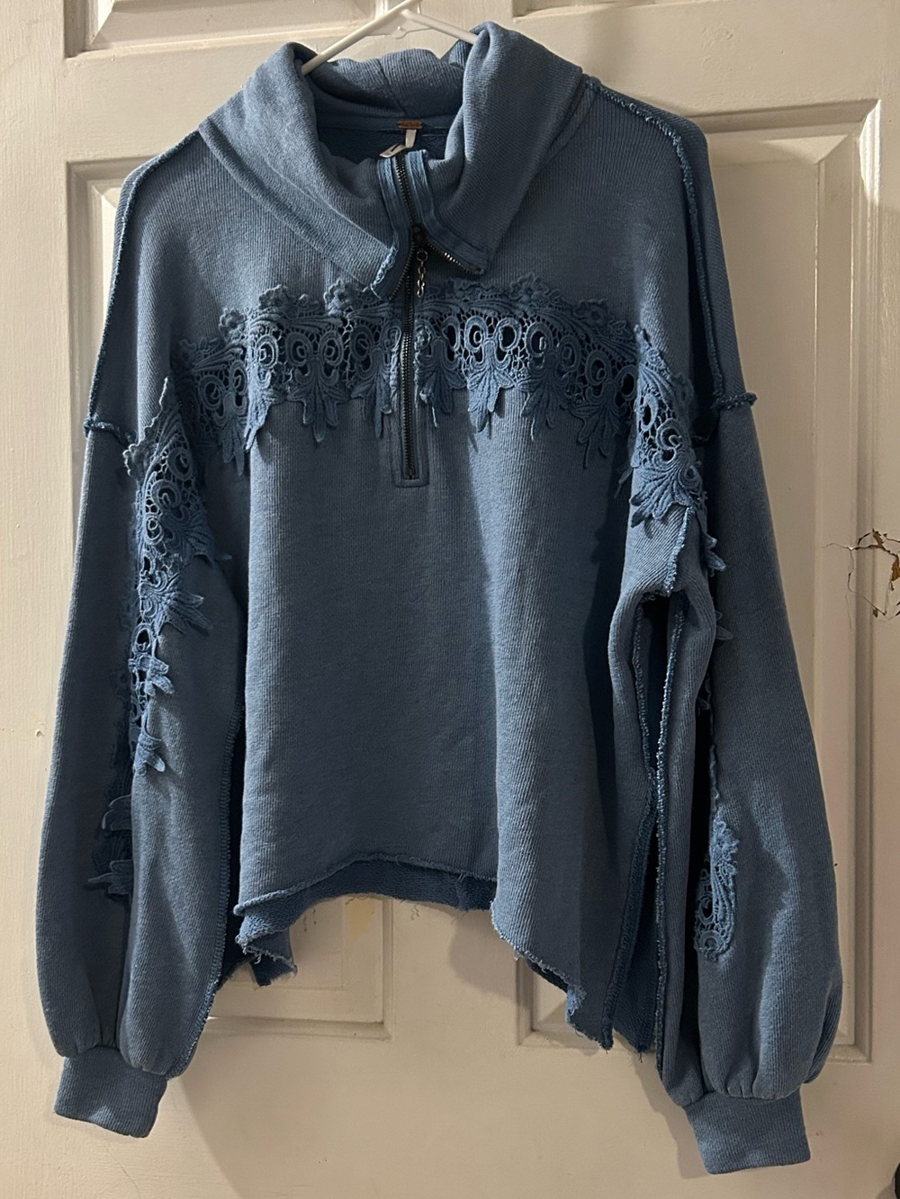 Free People Washed Denim-Blue Lace Trim Half-Zip Pullover - Picture 1 of 2
